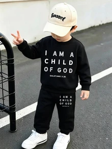 SHEIN Young Boys 1 Set Casual Fashion Letter Slogan Graphic Print Black Round-Neck Sweatshirt And Sweatpants Set, Suitable For Fall Winter Outward Dressing - Black - View 1