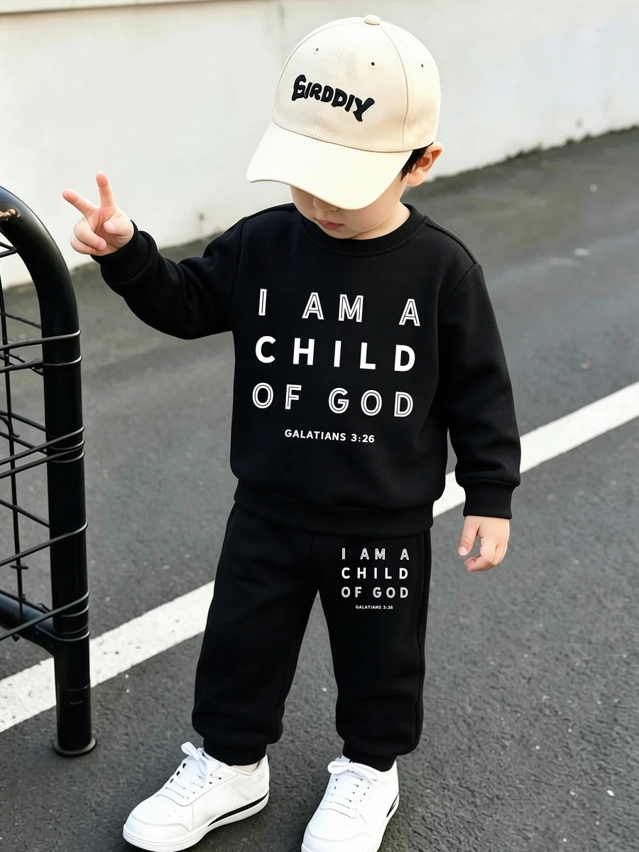 SHEIN Young Boys 1 Set Casual Fashion Letter Slogan Graphic Print Black Round-Neck Sweatshirt And Sweatpants Set, Suitable For Fall Winter Outward Dressing - Black - View 1