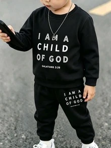 SHEIN Young Boys 1 Set Casual Fashion Letter Slogan Graphic Print Black Round-Neck Sweatshirt And Sweatpants Set, Suitable For Fall Winter Outward Dressing - Black - View 5