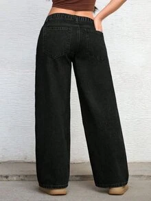 Jeanoix Plus Size Y2K Fashion Distressed Washed Low Waist Baggy Jeans - Black - View 2