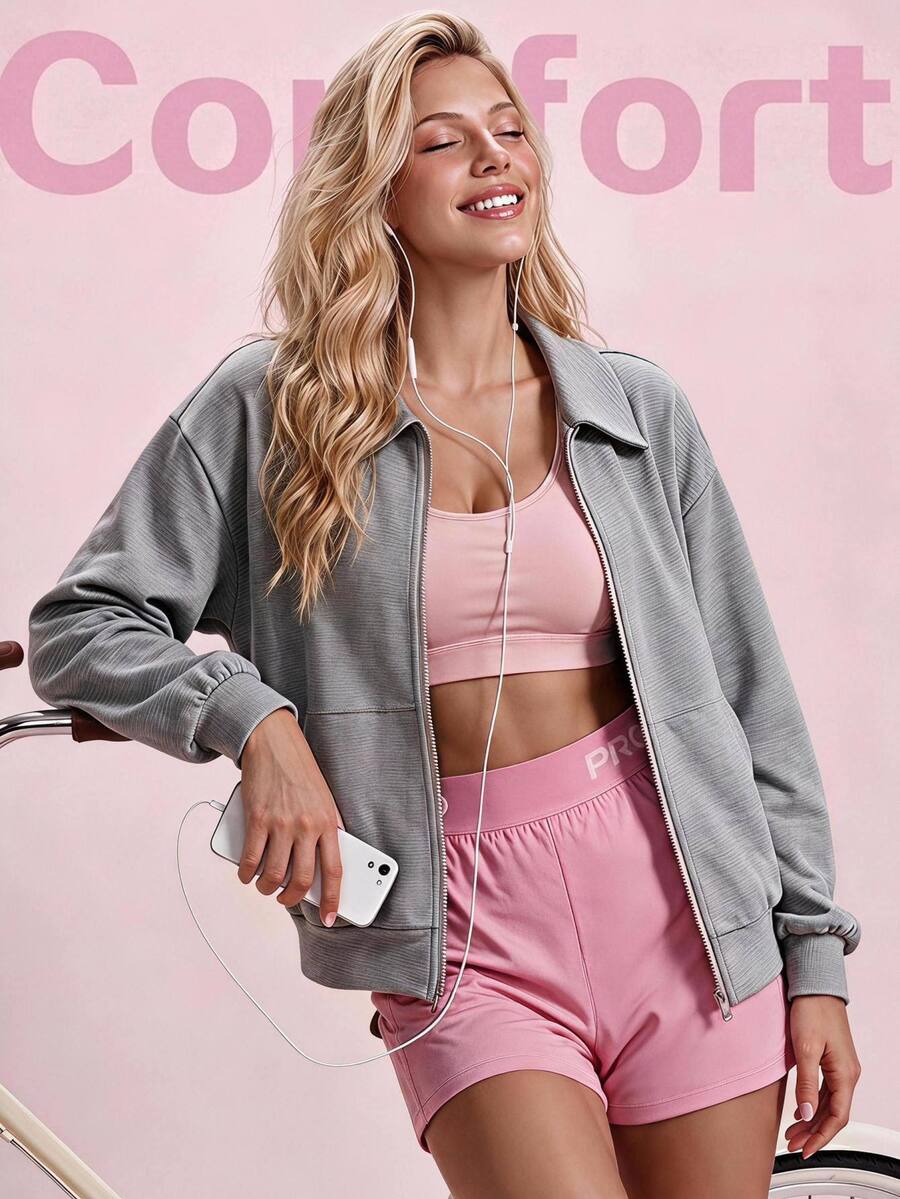 Sovereign Charm Women's Spring/Autumn Grey Zipper Front Fashion Versatile Sports Jacket - Light Grey - View 1