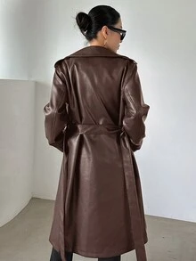 DAZY 女士时尚街头风纯色翻领双排扣系带PU皮风衣，秋季女装外套，秋季女装 - 鏽棕色 - 查看 5