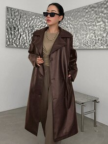 DAZY 女士时尚街头风纯色翻领双排扣系带PU皮风衣，秋季女装外套，秋季女装 - 鏽棕色 - 查看 2
