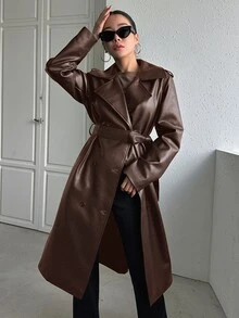 DAZY 女士时尚街头风纯色翻领双排扣系带PU皮风衣，秋季女装外套，秋季女装 - 鏽棕色 - 查看 3