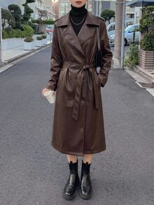DAZY 女士时尚街头风纯色翻领双排扣系带PU皮风衣，秋季女装外套，秋季女装 - 鏽棕色 - 查看 7