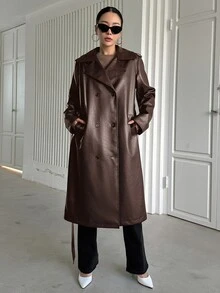 DAZY 女士时尚街头风纯色翻领双排扣系带PU皮风衣，秋季女装外套，秋季女装 - 鏽棕色 - 查看 6