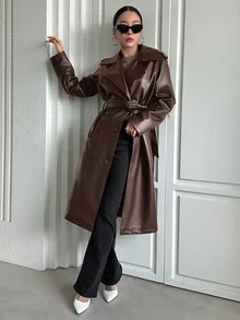 DAZY 女士时尚街头风纯色翻领双排扣系带PU皮风衣，秋季女装外套，秋季女装 - 鏽棕色 - 查看 4