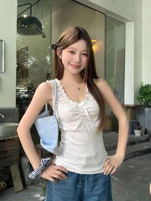DAZY 韓式女款波點無袖蝴蝶結上衣 外出穿搭可愛上衣 - 杏色 - 查看 5