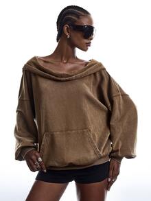 LYSMO Women's Solid Color Drop Shoulder Long Sleeve Pocket Design Hooded Sweatshirt - Brown - View 1