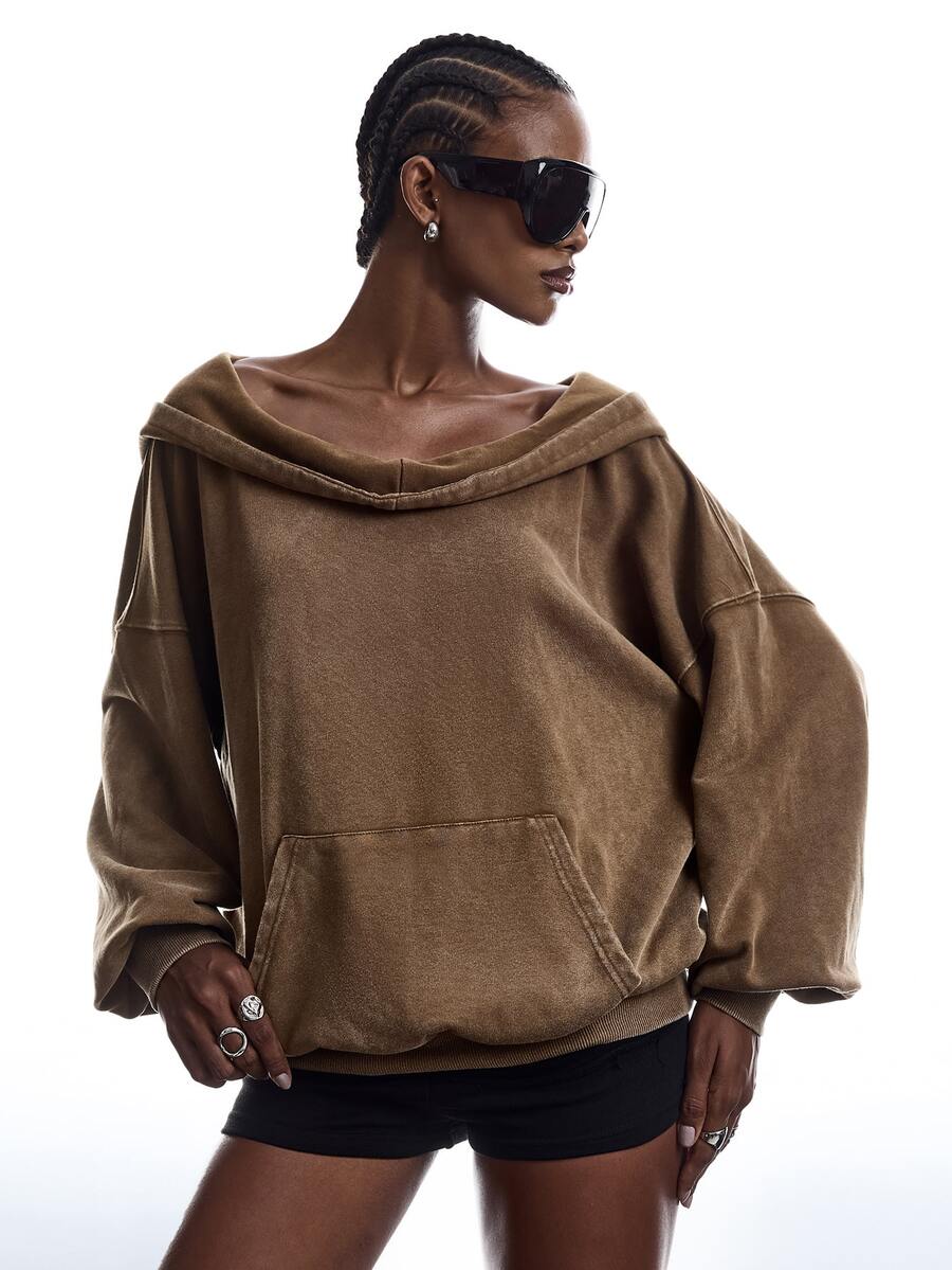 LYSMO Women's Solid Color Drop Shoulder Long Sleeve Pocket Design Hooded Sweatshirt - Brown - View 1