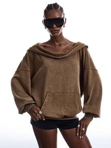LYSMO Women's Solid Color Drop Shoulder Long Sleeve Pocket Design Hooded Sweatshirt - Brown - View 6