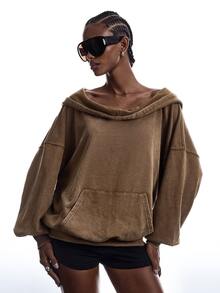 LYSMO Women's Solid Color Drop Shoulder Long Sleeve Pocket Design Hooded Sweatshirt - Brown - View 4