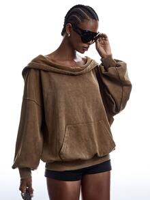 LYSMO Women's Solid Color Drop Shoulder Long Sleeve Pocket Design Hooded Sweatshirt - Brown - View 7