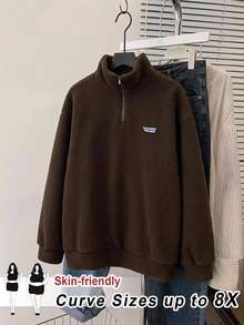 SHEIN CURVE+ بلوزة رياضية صوفية من الفليس بطبعة حروف للنساء بمقاسات كبيرة، لون بني شوكولاتة، خريف/شتاء - بني - مشاهدة 5