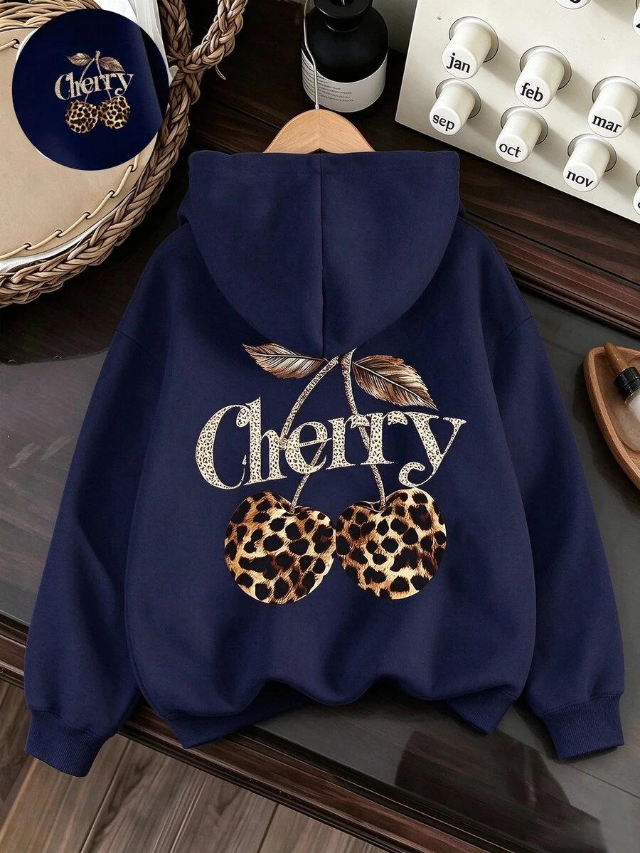 SHEIN Teenage Girl Fashion Navy Leafleopard Print Cherry Letter Pattern Streetwear Casual Hooded Sweatshirt Winter Autumn Outfit School Sixth Form - Navy Blue - View 1