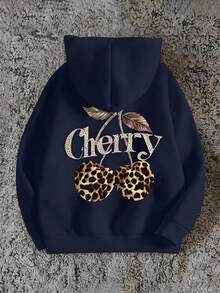 SHEIN Teenage Girl Fashion Navy Leafleopard Print Cherry Letter Pattern Streetwear Casual Hooded Sweatshirt Winter Autumn Outfit School Sixth Form - Navy Blue - View 3