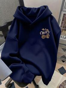SHEIN Teenage Girl Fashion Navy Leafleopard Print Cherry Letter Pattern Streetwear Casual Hooded Sweatshirt Winter Autumn Outfit School Sixth Form - Navy Blue - View 2