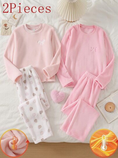 2 Pieces Merry Christmas Female Teen Pajamas New Plush Dusty Pink Long Sleeve Crew Neck Top And Pink Plaid Long Pants Fashionable Plush Fabric