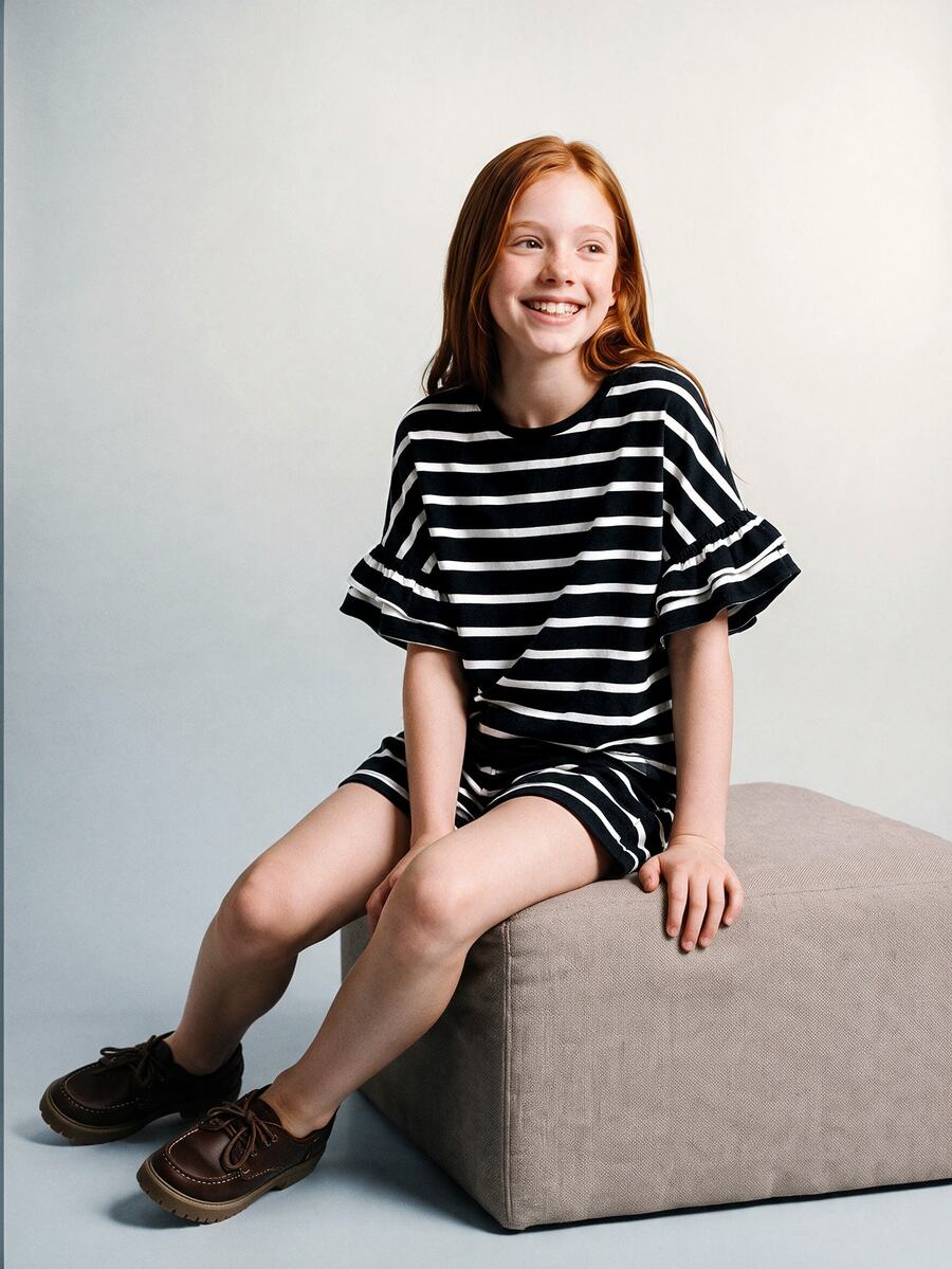 Maija Kids Maija Kids 2pcs/Set Tween Girls' Round Neck Short Sleeve Striped Ruffle Sleeve T-Shirt And Striped Shorts - Black and White - View 1