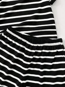 Maija Kids Maija Kids 2pcs/Set Tween Girls' Round Neck Short Sleeve Striped Ruffle Sleeve T-Shirt And Striped Shorts - Black and White - View 5