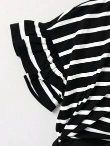 Maija Kids Maija Kids 2pcs/Set Tween Girls' Round Neck Short Sleeve Striped Ruffle Sleeve T-Shirt And Striped Shorts - Black and White - View 4