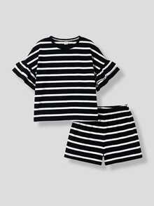 Maija Kids Maija Kids 2pcs/Set Tween Girls' Round Neck Short Sleeve Striped Ruffle Sleeve T-Shirt And Striped Shorts - Black and White - View 2