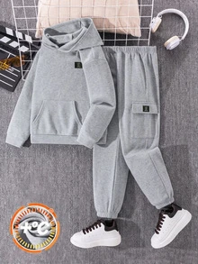 SHEIN 2件組青少年男孩套裝，灰色連帽衛衣與慢跑長褲，秋季休閒校園返校穿搭，冬季秋季服飾套裝 - 淺灰色 - 查看 6