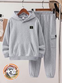 SHEIN 2件組青少年男孩套裝，灰色連帽衛衣與慢跑長褲，秋季休閒校園返校穿搭，冬季秋季服飾套裝 - 淺灰色 - 查看 1
