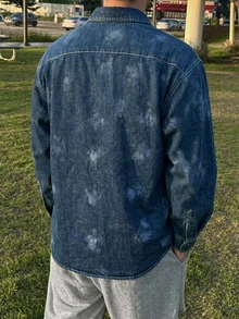 DAZY Spring/Autumn Blue Washed Distressed Paint Splatter Streetwear Men's Denim Jacket - Blue - View 2