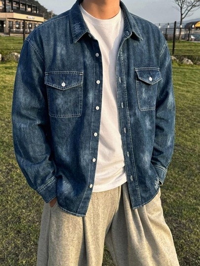 DAZY Spring/Autumn Blue Washed Distressed Paint Splatter Streetwear Men's Denim Jacket
