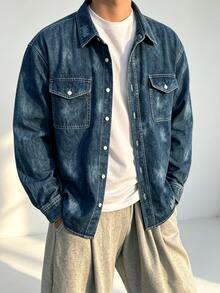 DAZY Spring/Autumn Blue Washed Distressed Paint Splatter Streetwear Men's Denim Jacket - Blue - View 7