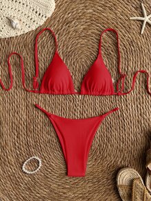 SHEIN Swim Women's Red Summer Bikini Set,Elegant Flowy Spaghetti Strap Solid Color Swimwear,Two Pieces Beach Bathing Suit For Holiday & Vacation,Holiday - Red - View 2