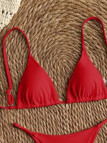 SHEIN Swim Women's Red Summer Bikini Set,Elegant Flowy Spaghetti Strap Solid Color Swimwear,Two Pieces Beach Bathing Suit For Holiday & Vacation,Holiday - Red - View 5