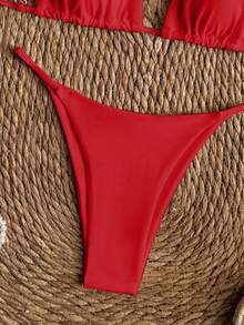 SHEIN Swim Women's Red Summer Bikini Set,Elegant Flowy Spaghetti Strap Solid Color Swimwear,Two Pieces Beach Bathing Suit For Holiday & Vacation,Holiday - Red - View 6
