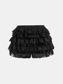 Maija Kids Maija Kids Tween Girl Balletcore Sweet Bow Kawaii Mesh Contrast Lace Ruffle Trim Elistic Waist Micro Mini Shorts Summer Shorts Beach Holiday - Black - View 3