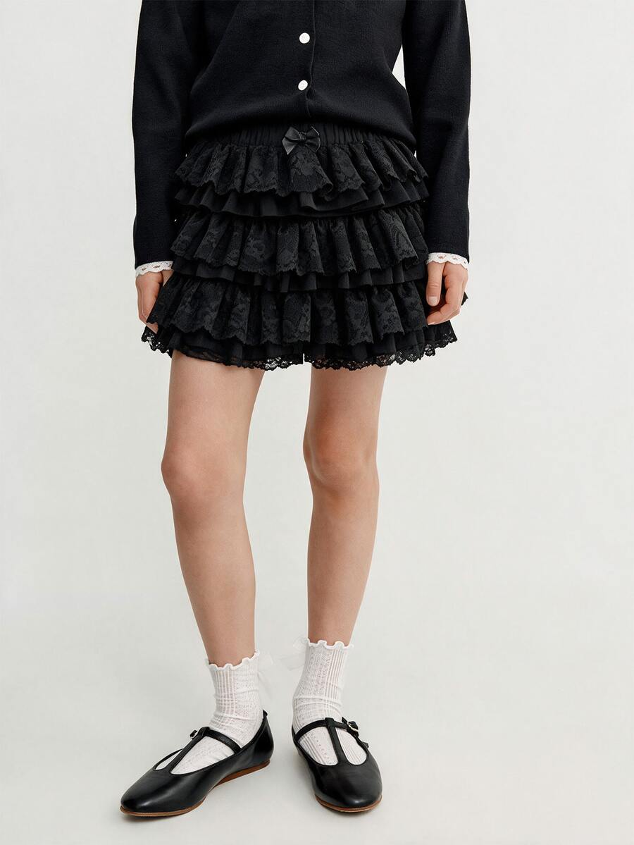 Maija Kids Maija Kids Tween Girl Balletcore Sweet Bow Kawaii Mesh Contrast Lace Ruffle Trim Elistic Waist Micro Mini Shorts Summer Shorts Beach Holiday - Black - View 1