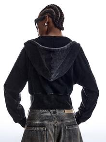 LYSMO Women's Solid Color Drop Shoulder Long Sleeve Multi-Zipper Placket Hooded Sweatshirt - Black - View 2