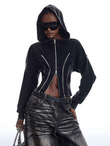 LYSMO Women's Solid Color Drop Shoulder Long Sleeve Multi-Zipper Placket Hooded Sweatshirt - Black - View 1