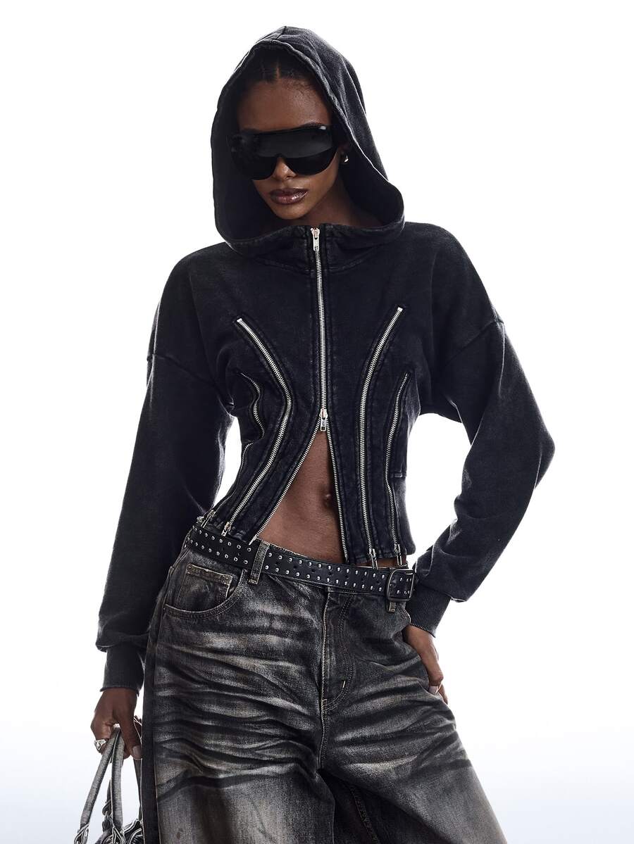 LYSMO Women's Solid Color Drop Shoulder Long Sleeve Multi-Zipper Placket Hooded Sweatshirt - Black - View 1