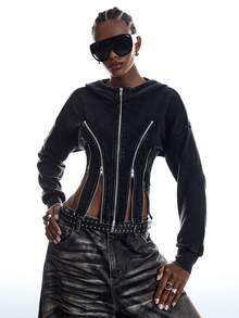 LYSMO Women's Solid Color Drop Shoulder Long Sleeve Multi-Zipper Placket Hooded Sweatshirt - Black - View 4
