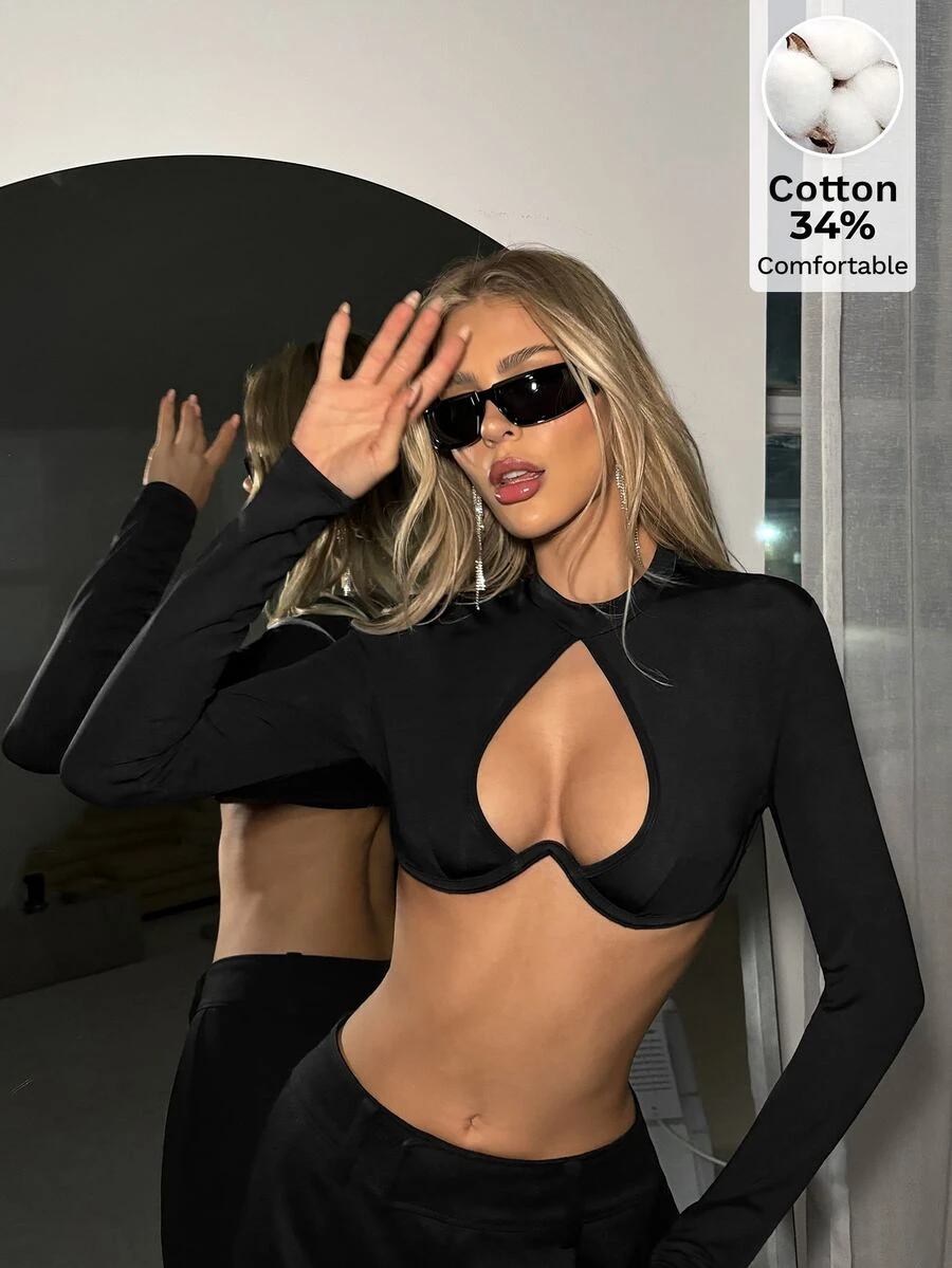 SHEIN ICON Y2K 性感街頭風超短版心形鏤空上衣,黑色夏季夜店聚會派對新年穿搭 - 黑色 - 查看 1