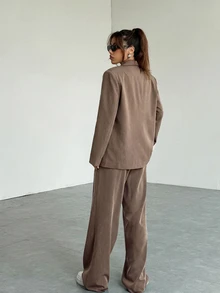 SHEIN EZwear Women's Solid Color Lapel Neck Jacket, Single-Breasted Vest And Long Pants Elegant Minimalist Casual Suit Set Office Business Shades Of Brown Summer - Brown - View 2