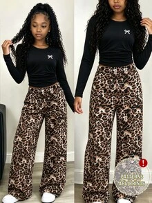 Tween Girls 1 Set Fall Leopard Print Bow Ruched Waist Long Sleeve T-Shirt & Wide Leg Pants Set, Casual, Personalized And Fashionable Dressing - Multicolor - View 1