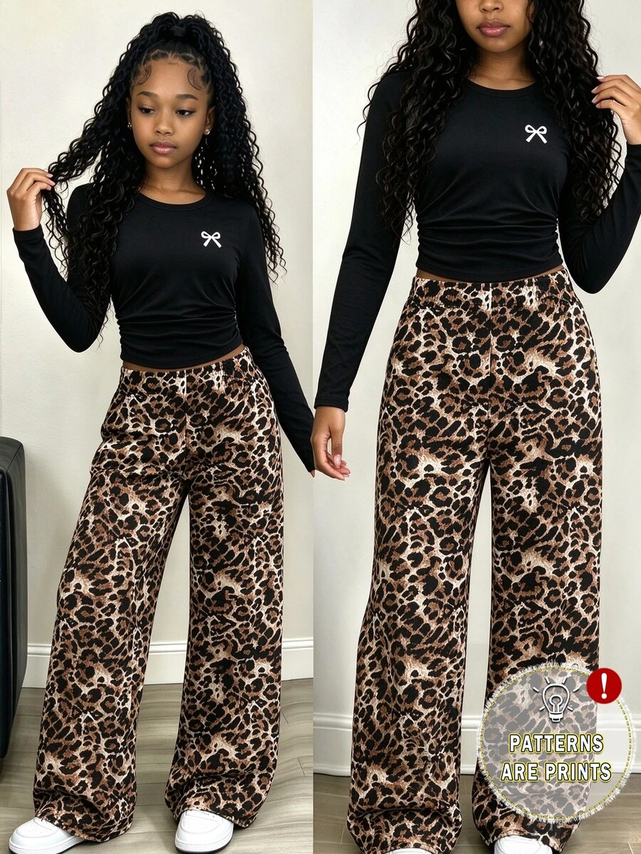 Tween Girls 1 Set Fall Leopard Print Bow Ruched Waist Long Sleeve T-Shirt & Wide Leg Pants Set, Casual, Personalized And Fashionable Dressing - Multicolor - View 1