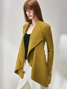 SHEIN Cardigan Rajut Wanita Model Draping Asimetris Bergaris dengan Kerah Lebar dan Bukaan Depan, Warna Kuning Mustard Elegan, Sweater Cardigan Musim Gugur untuk Wanita, Cocok untuk Hari Thanksgiving - Mustard Yellow - View 3