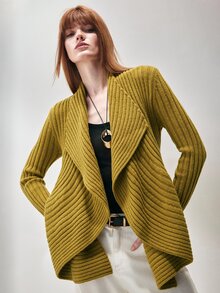 SHEIN Cardigan Rajut Wanita Model Draping Asimetris Bergaris dengan Kerah Lebar dan Bukaan Depan, Warna Kuning Mustard Elegan, Sweater Cardigan Musim Gugur untuk Wanita, Cocok untuk Hari Thanksgiving - Mustard Yellow - View 7