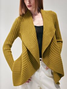 SHEIN Cardigan Rajut Wanita Model Draping Asimetris Bergaris dengan Kerah Lebar dan Bukaan Depan, Warna Kuning Mustard Elegan, Sweater Cardigan Musim Gugur untuk Wanita, Cocok untuk Hari Thanksgiving - Mustard Yellow - View 1