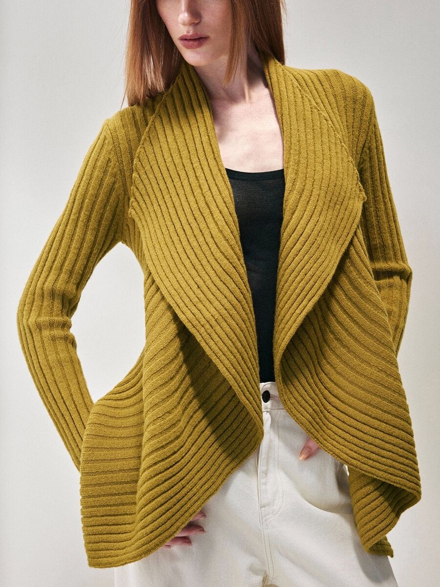 SHEIN Cardigan Rajut Wanita Model Draping Asimetris Bergaris dengan Kerah Lebar dan Bukaan Depan, Warna Kuning Mustard Elegan, Sweater Cardigan Musim Gugur untuk Wanita, Cocok untuk Hari Thanksgiving - Mustard Yellow - View 1