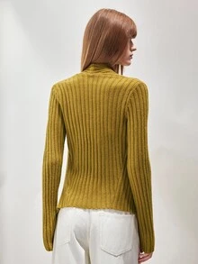 SHEIN Cardigan Rajut Wanita Model Draping Asimetris Bergaris dengan Kerah Lebar dan Bukaan Depan, Warna Kuning Mustard Elegan, Sweater Cardigan Musim Gugur untuk Wanita, Cocok untuk Hari Thanksgiving - Mustard Yellow - View 5