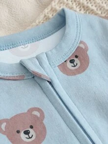 SHEIN 新生兒米色熊圖案長袖連身衣附帽子套裝 竹纖維嬰兒衣 中性款睡衣套裝 - 卡其色 - 查看 4